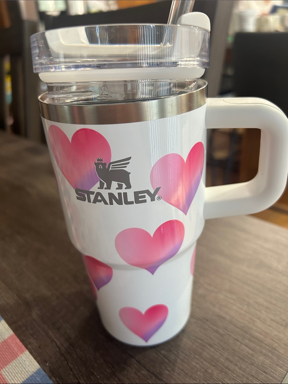 Stanley White Travel Mug with Pink Gradient Hearts